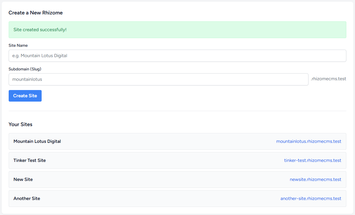 Successful Site Creation Form